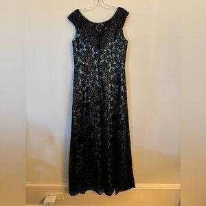 Jade Couture Black and Teal Blue Sequin Evening Gown